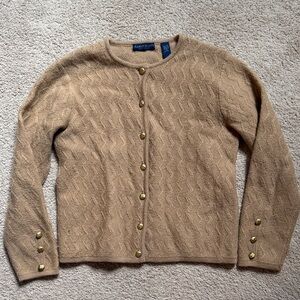 Karen Scott Camel Crewneck Button-Front Cardigan with Gold Buttons